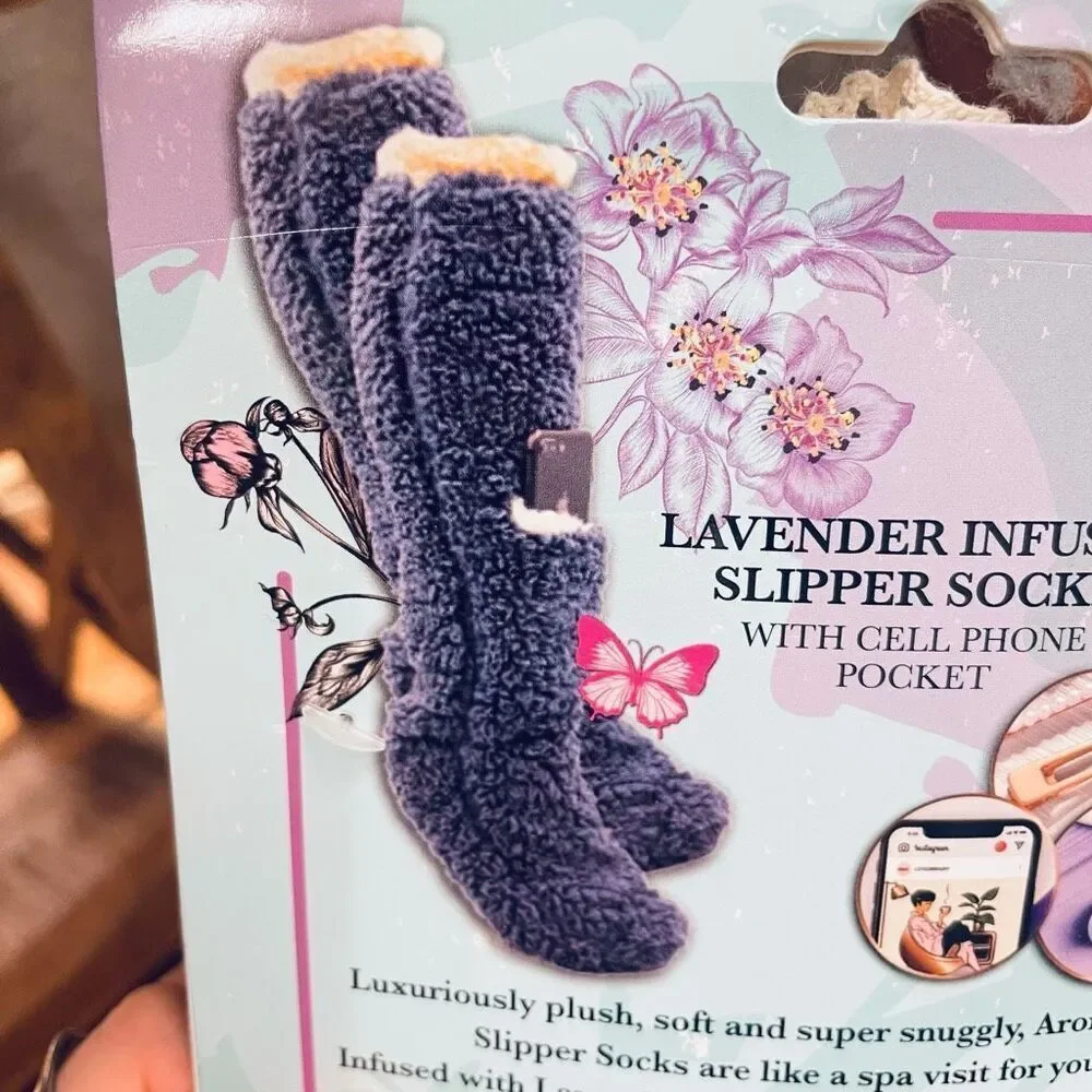 NWT Aromasoles lavender infused cell phone pocket Blue socks w/ Lace & Scrunchie